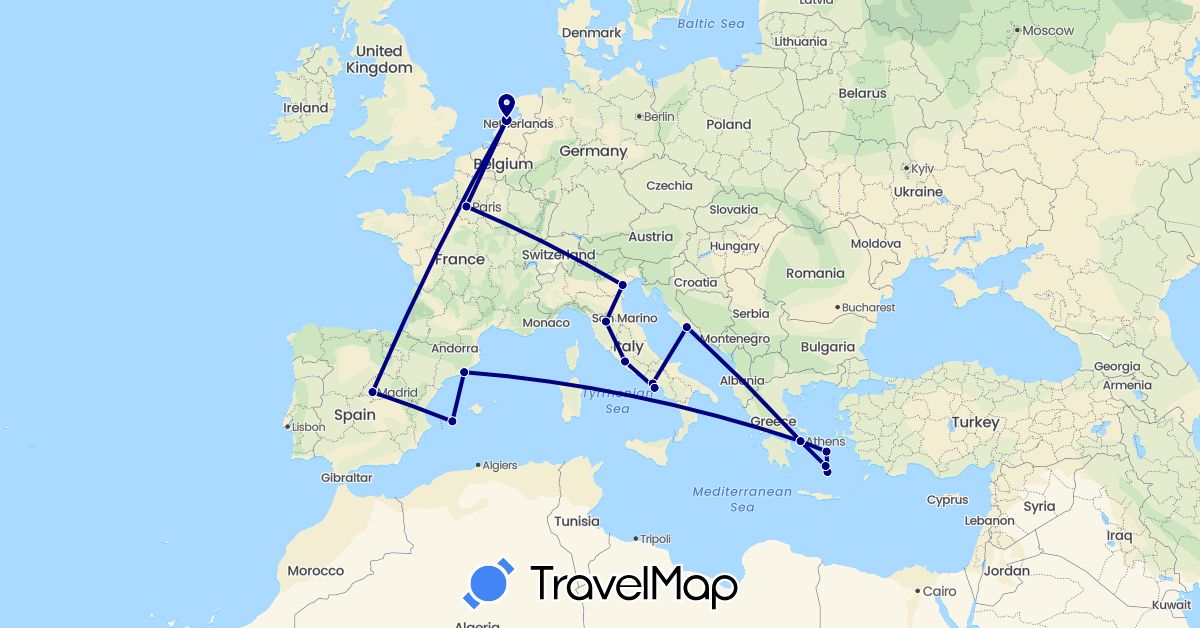 TravelMap itinerary: driving in Spain, France, Greece, Croatia, Italy, Netherlands (Europe)